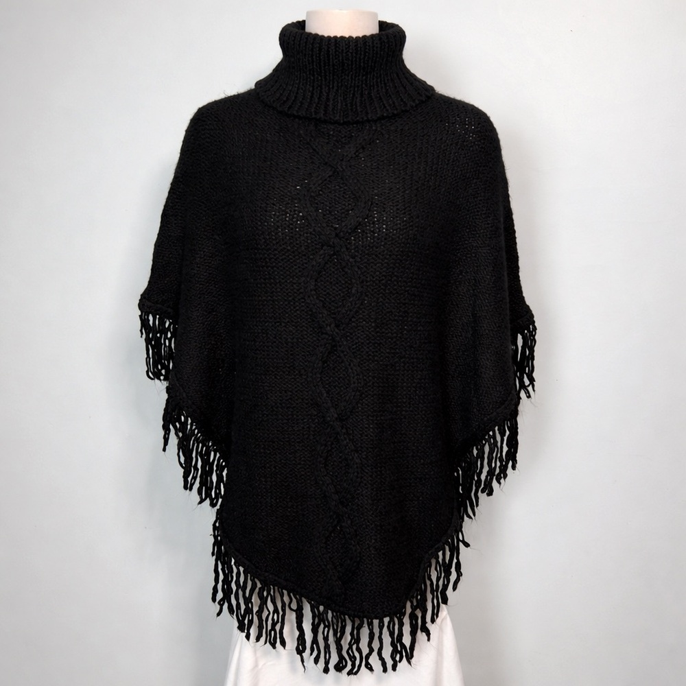 Anthropologie Black Poncho Sweater with Fringe